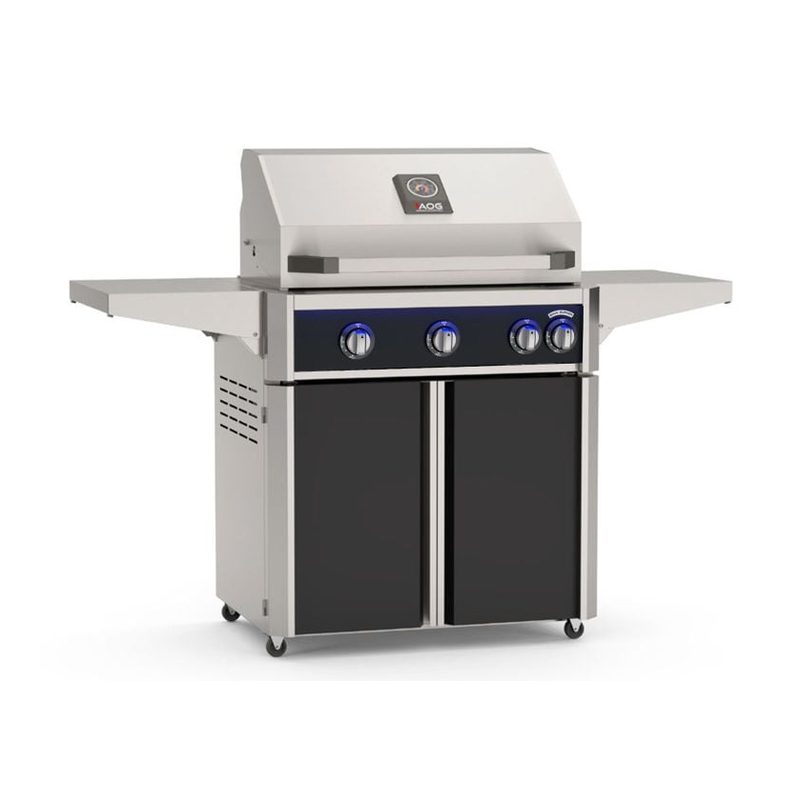 AOG L-Series 30-Inch Freestanding Gas Grill on Cart Accent Black Panel Hood Closed 2026