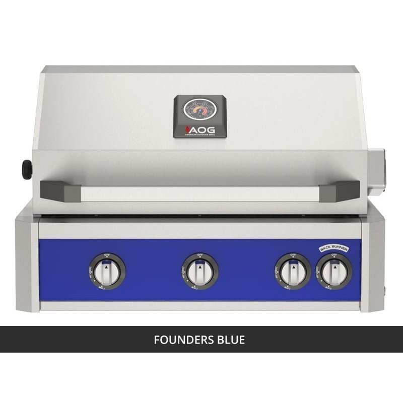 AOG L-Series 30-Inch Built-In Gas Grill Founders Blue Panel Hood Closed 2026