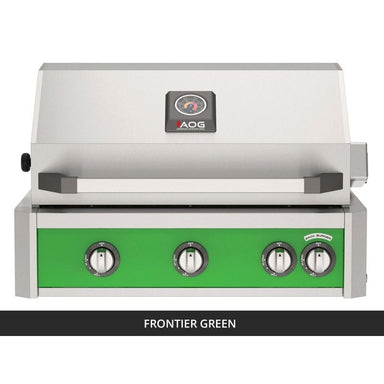 AOG L-Series 30-Inch Built-In Gas Grill Frontier Green Panel Hood Closed 2026