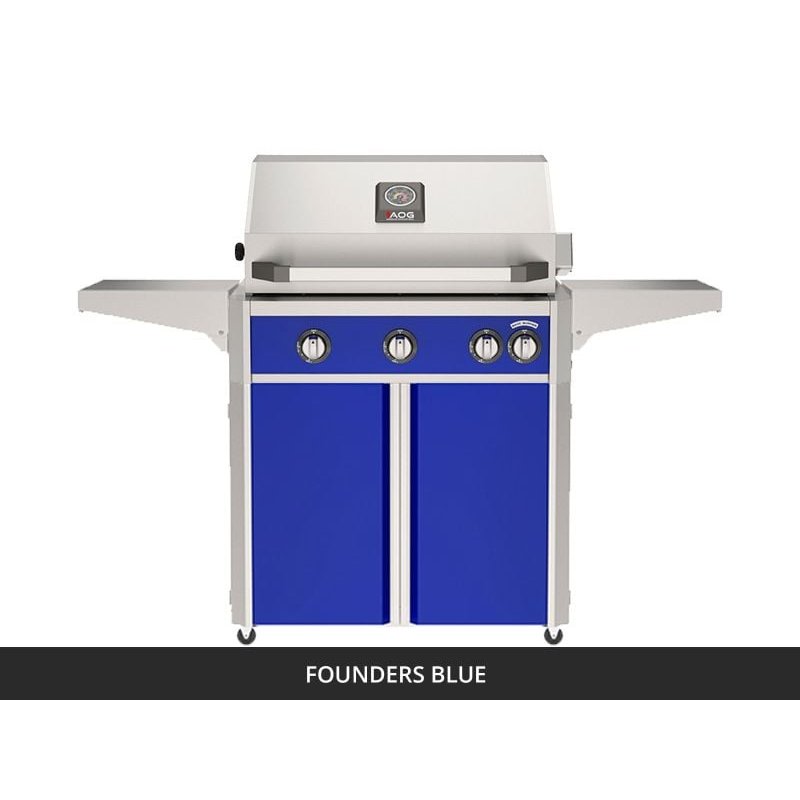 AOG L-Series 30-Inch Freestanding Gas Grill on Cart Founders Blue Panel Hood Closed 2026