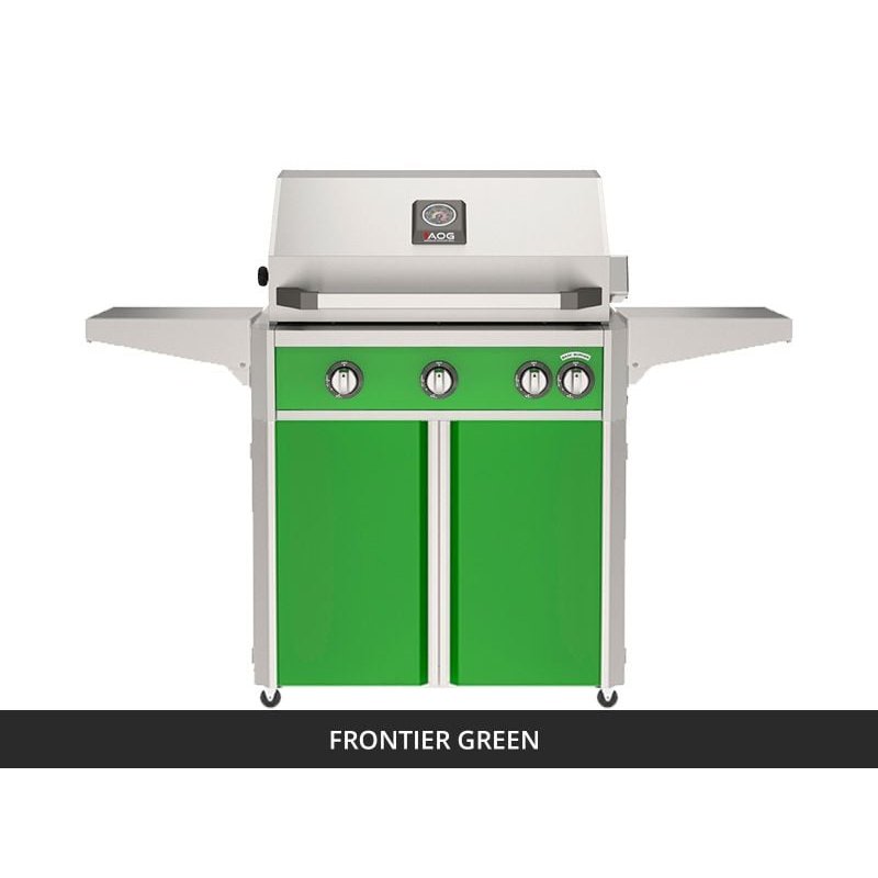 AOG L-Series 30-Inch Freestanding Gas Grill on Cart Frontier Green Panel Hood Closed 2026