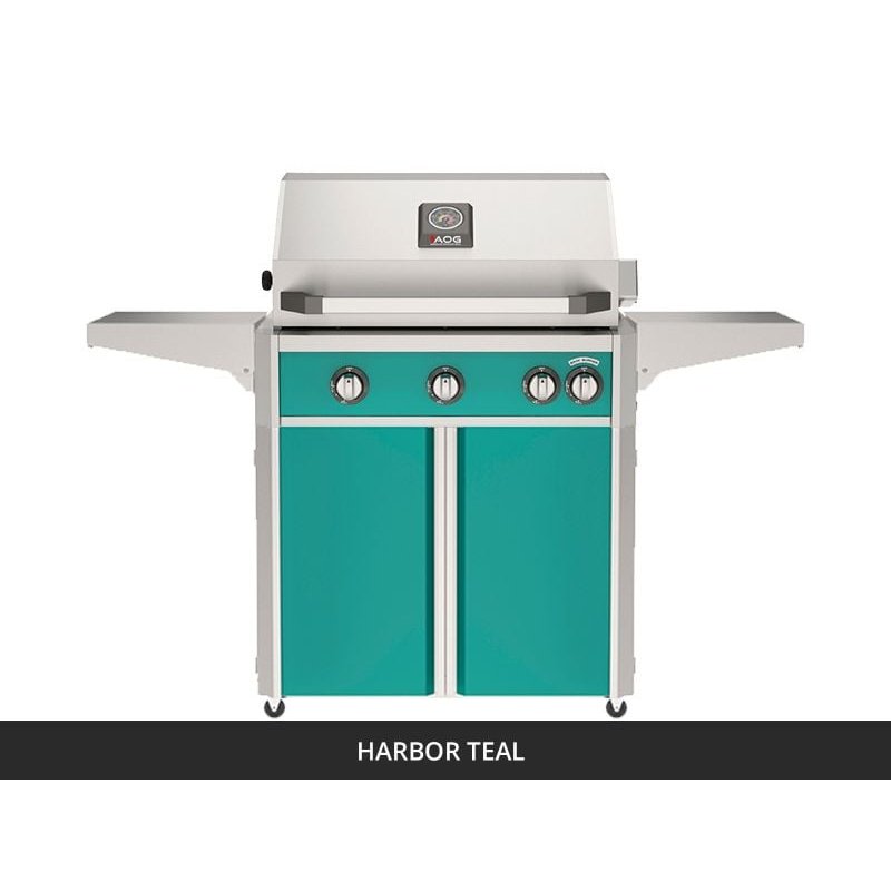 AOG L-Series 30-Inch Freestanding Gas Grill on Cart Harbor Teal Panel Hood Closed 2026