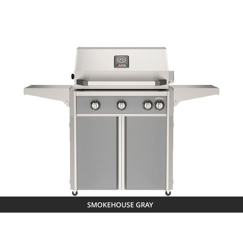 AOG L-Series 30-Inch Freestanding Gas Grill on Cart Smokehouse Gray Panel Hood Closed 2026