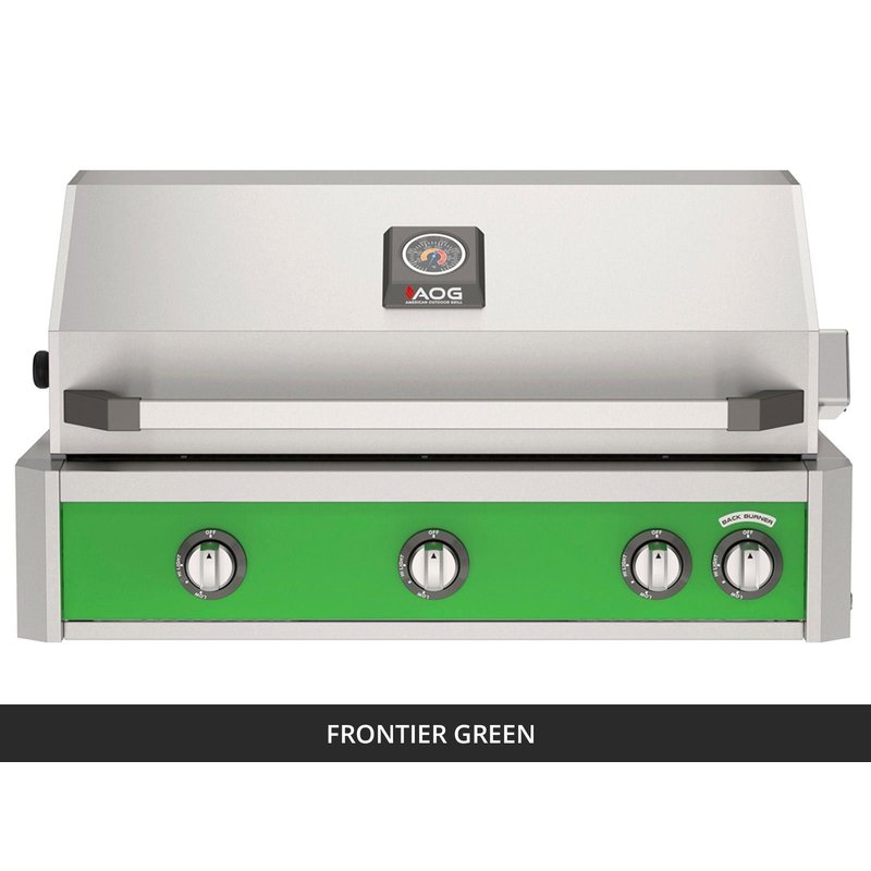 AOG L-Series 36-Inch Built-In Gas Grill Frontier Green Panel Hood Closed 2026