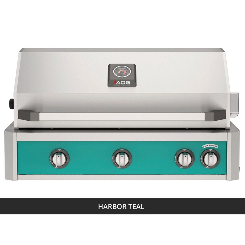 AOG L-Series 36-Inch Built-In Gas Grill Harbor Teal Panel Hood Closed 2026