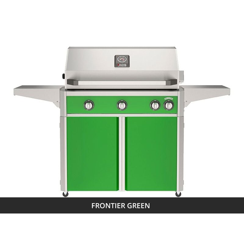 AOG L-Series 36-Inch Freestanding Gas Grill on Cart Frontier Green Panel Hood Closed 2026