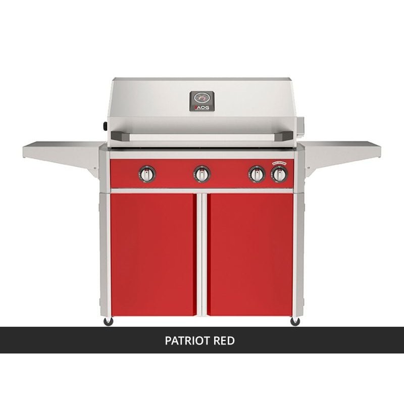 AOG L-Series 36-Inch Freestanding Gas Grill on Cart Patriot Red Panel Hood Closed 2026