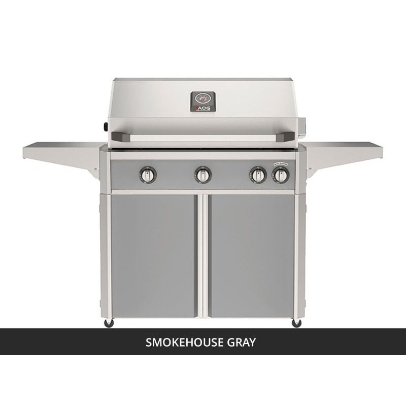 AOG L-Series 36-Inch Freestanding Gas Grill on Cart Smokehouse Gray Panel Hood Closed 2026