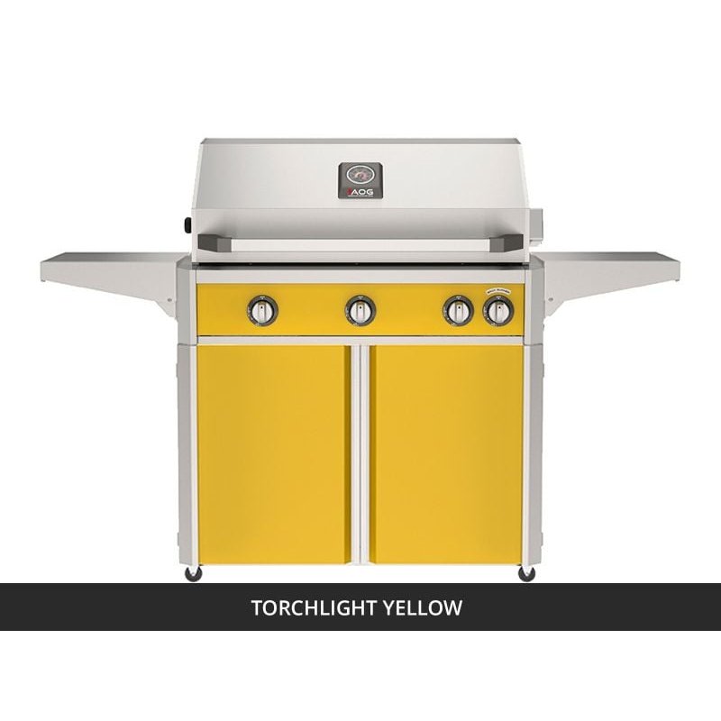 AOG L-Series 36-Inch Freestanding Gas Grill on Cart Torchlight Yellow Panel Hood Closed 2026