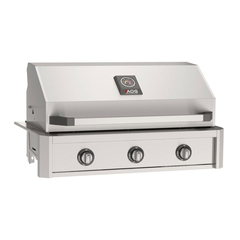AOG T-Series 36-Inch Built-In Gas Grill Stainless Steel Angle View Gunmetal Accents