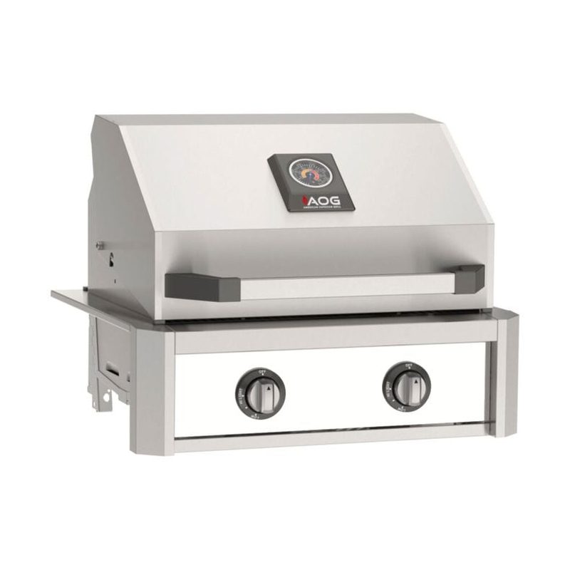 AOG T-Series 24-Inch Freestanding Gas Grill on Cart Accent White Panel Hood Closed 2026