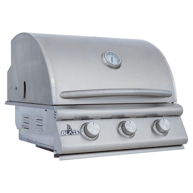 Blaze BCM 25-Inch 3-Burner Built-In Gas Grill BLZ-3BCM Angled View Showing Double-Lined Hood