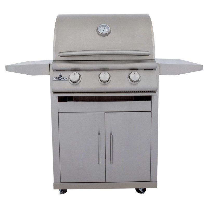 Blaze BCM 25-Inch 3-Burner Freestanding Gas Grill on Stainless Steel Cart BLZ-3BCM Front View Lid Closed