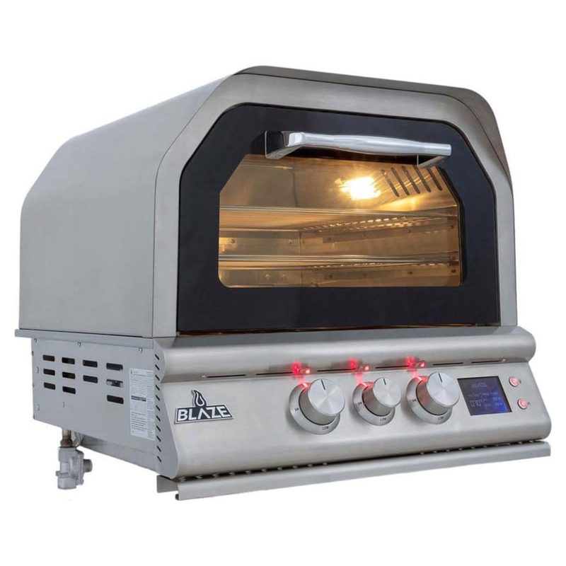 Blaze LTE+ 26-Inch Built-In Gas Pizza Oven Installed in Outdoor Kitchen Island Angled View