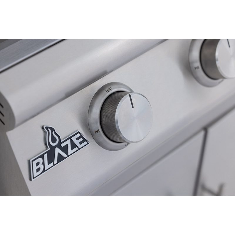 Blaze BCM 32-Inch Built-In Grill Blaze Logo Badge and Control Knob Close-Up