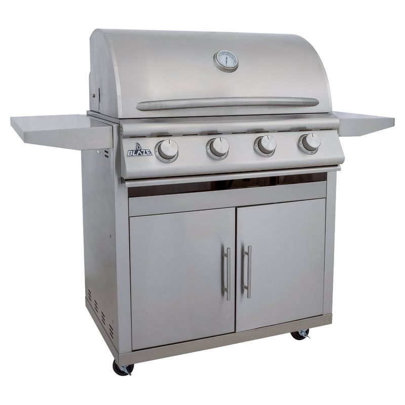 Blaze BCM 32-Inch 4-Burner Freestanding Gas Grill on Cart BLZ-4BCM Angled View with Side Shelves