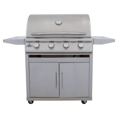 Blaze BCM 32-Inch 4-Burner Freestanding Gas Grill on Stainless Steel Cart BLZ-4BCM Front View Lid Closed