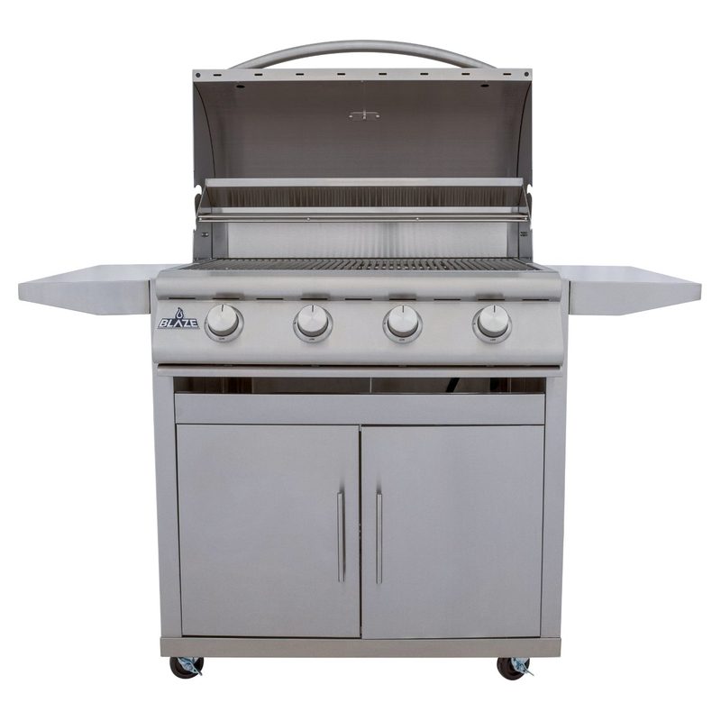Blaze BCM 32-Inch 4-Burner Freestanding Gas Grill on Cart BLZ-4BCM Lid Open Showing Cooking Surface