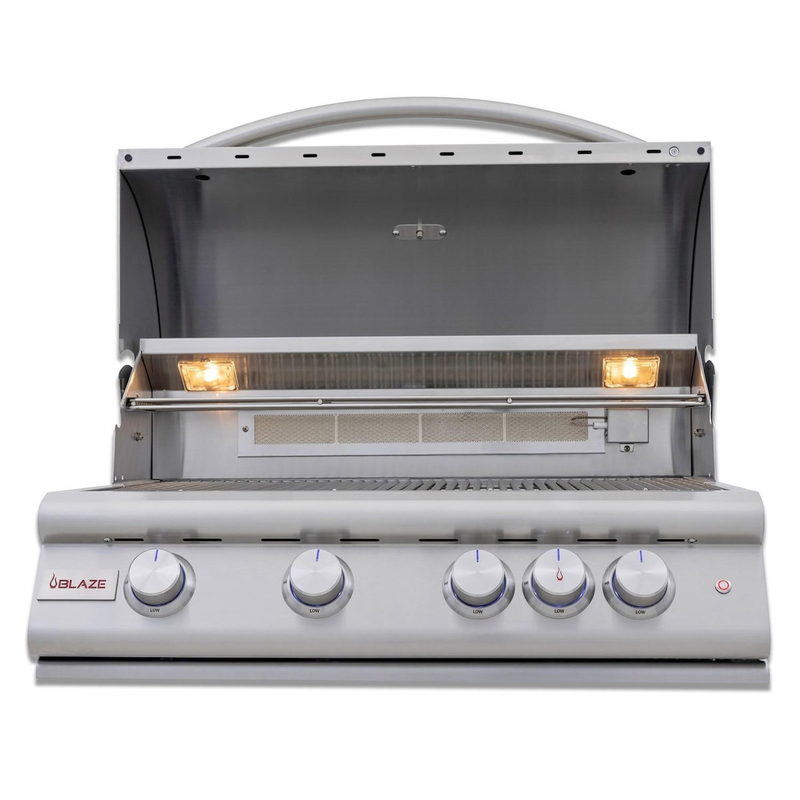 Blaze Premium LTE+ 32-inch built-in gas grill with hood open and interior halogen lights on