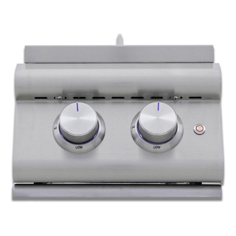 Blaze LTE+ BLZ-SB3LTE double side burner with LED illuminated stainless control knobs, top view