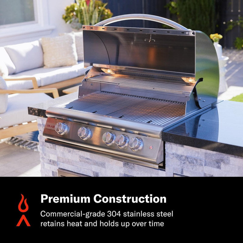 Blaze LTE+ 32 inch grill built into a stone outdoor kitchen island