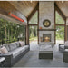 Bromic Cobalt electric heater mounted under the roof of a covered patio with a stone fireplace