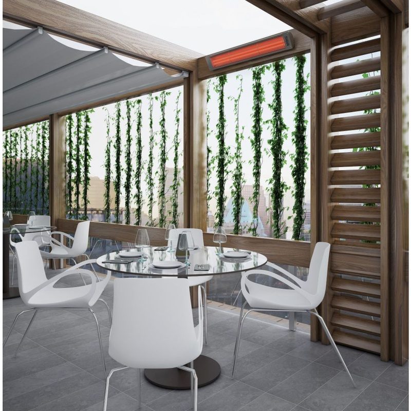 Bromic Cobalt electric heater mounted on a restaurant pergola above outdoor dining tables