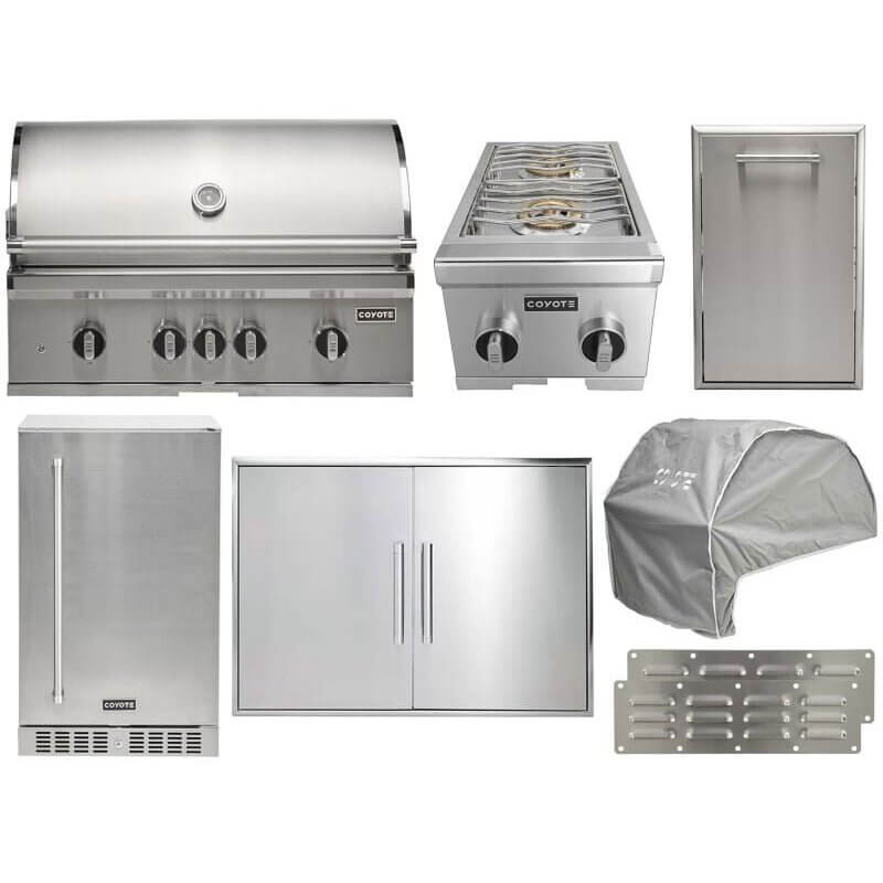 Coyote 7-Piece SL-Series 36-Inch 4-Burner Gas Grill Outdoor Kitchen Package — 90,000 BTU, 304 Stainless Steel