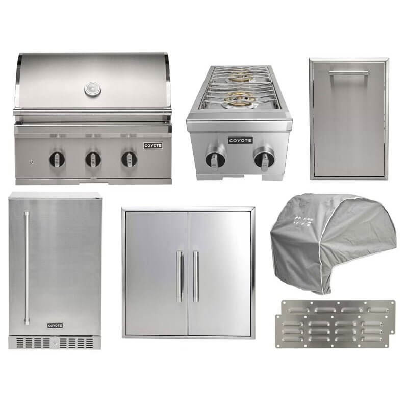 Coyote 8-Piece SL-Series 30-Inch 3-Burner Gas Grill Outdoor Kitchen Package — 75,000 BTU, 304 Stainless Steel