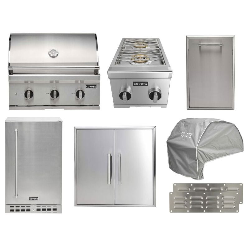 Coyote 8-Piece C-Series 30-Inch 3-Burner Gas Grill Outdoor Kitchen Package — 45,000 BTU, 304 Stainless Steel