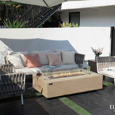 Elementi Plus Colorado Fire Table on Patio Fire Lit with Glass Wind Screen