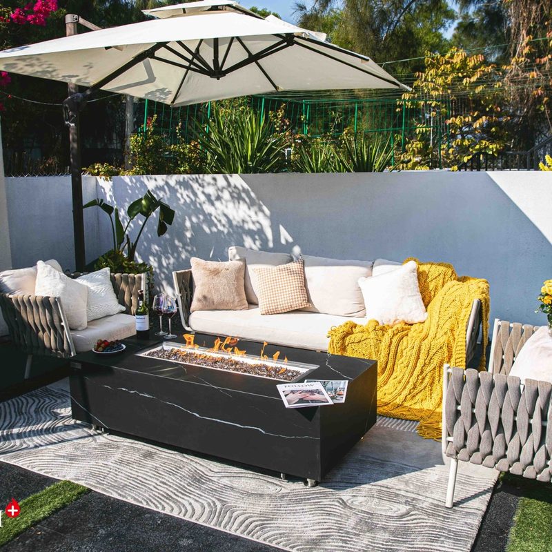 Elementi Plus Varna Black Marble Porcelain Fire Table Wide Outdoor Living Scene