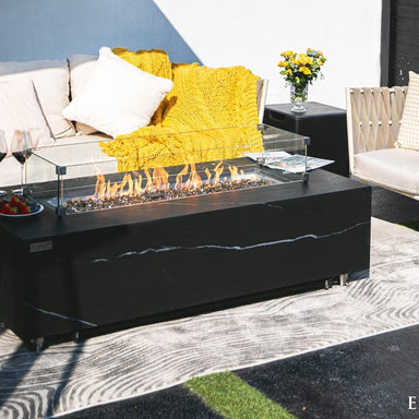 Elementi Plus Varna Black Marble Porcelain Fire Table Patio with Wind Screen Fire Lit