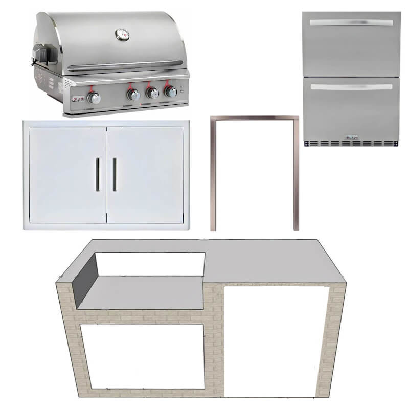 EZ Finish Systems 6 Ft Ready-To-Finish Grill Island w/ Blaze Professional LUX 34-Inch Grill, Double Door, & 2-Drawer Refrigerator | Left Side Grill Kit 