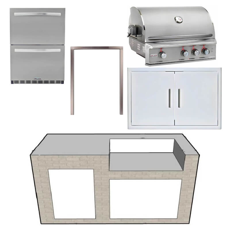 EZ Finish Systems 6 Ft Ready-To-Finish Grill Island w/ Blaze Professional LUX 34-Inch Grill, Double Door, & 2-Drawer Refrigerator | Right Side Grill Kit 