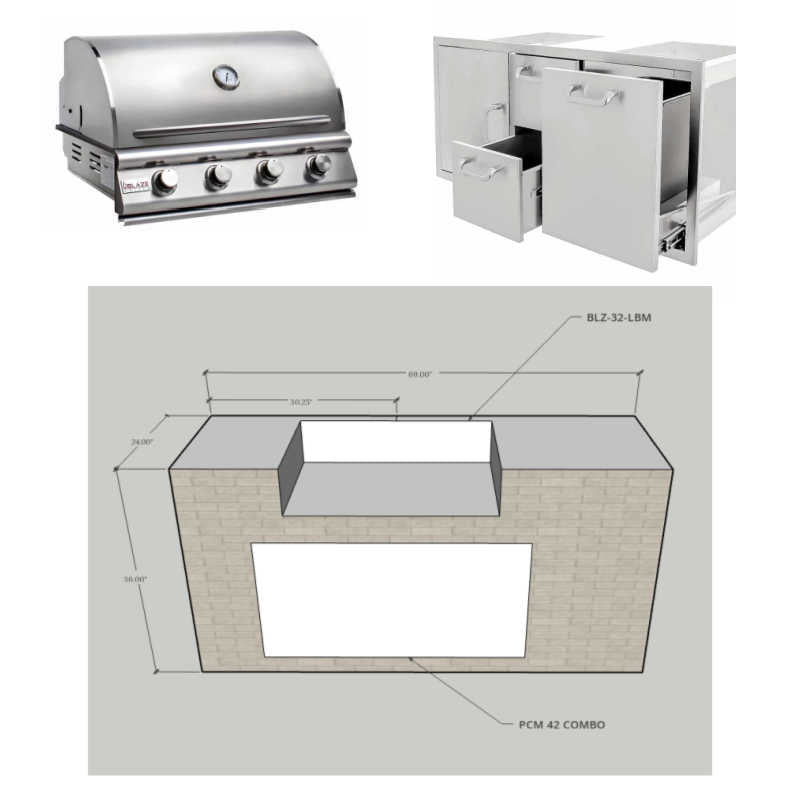 EZ Finish Systems 6 Ft Ready-To-Finish Grill Island w/ Blaze Prelude LBM 32-Inch Grill, Combo, & 13" Trash Drawer