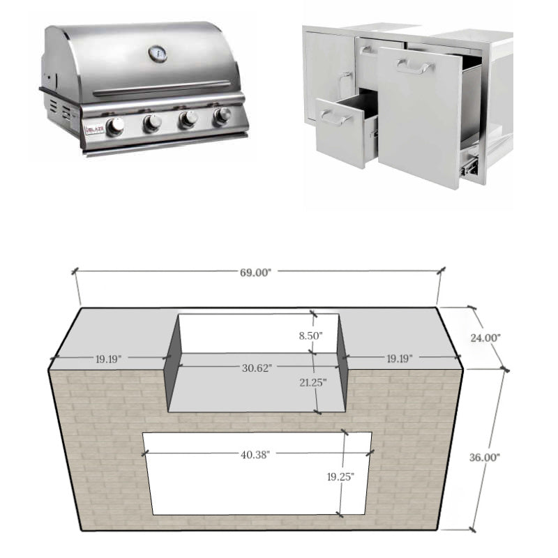 EZ Finish Systems 6 Ft Ready-To-Finish Grill Island w/ Blaze Prelude LBM 32-Inch Grill, Combo, & 13" Trash Drawer