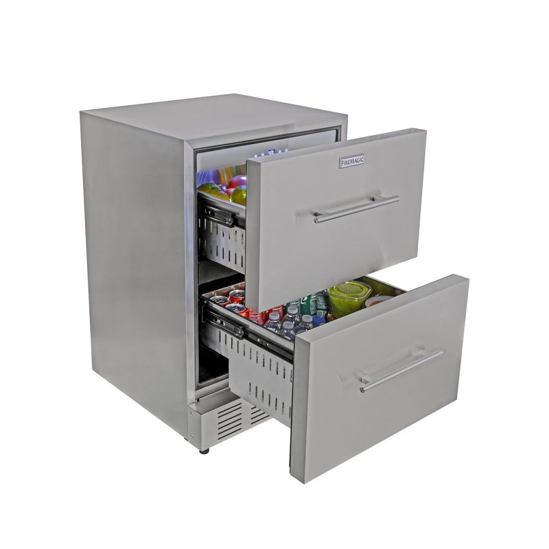 Fire Magic 24-REF-DD outdoor refrigerator with drawers open showing storage dividers