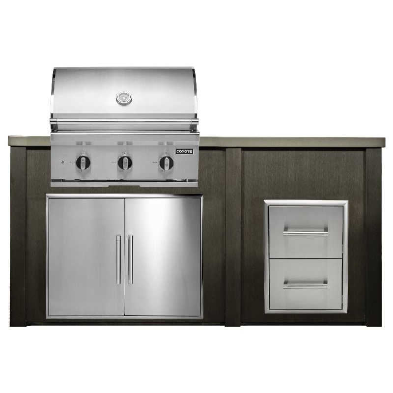 Haven 6 Ft. Marine Armour Outdoor Kitchen Island w/ Coyote C-Series 30-Inch Grill, Double Access Door & 2 Drawer Cabinet - Antique Bronze