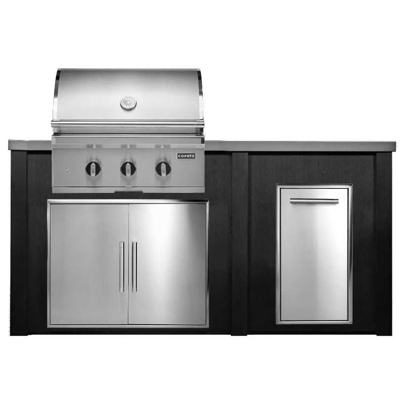 Haven 6 Ft. Outdoor Kitchen Island w/ Coyote SL-Series 30-Inch Grill, Double Access Door & Trash Center - Brushed Black