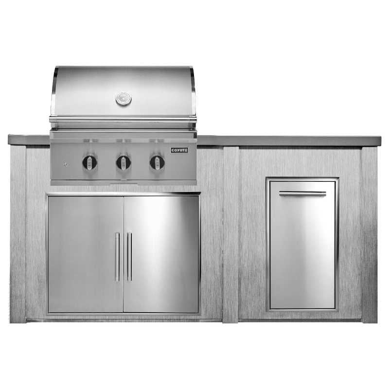 Haven 6 Ft. Outdoor Kitchen Island w/ Coyote SL-Series 30-Inch Grill, Double Access Door & Trash Center - Harbor Gray