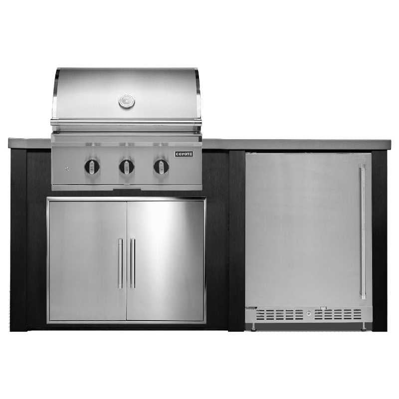 Haven 6 Ft. Outdoor Kitchen Island w/ Coyote 30-Inch Gas Grill, 31-Inch Double Door, & 24-Inch Refrigerator - Brushed Black