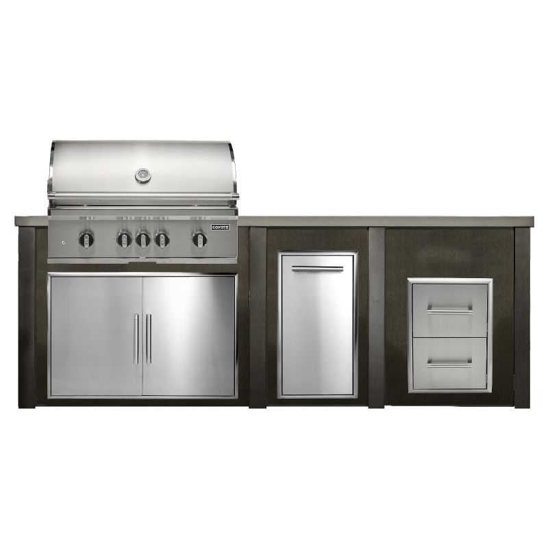 Haven 8 Ft. Outdoor Kitchen Island w/ Coyote SL Series 36-Inch Grill, 36-Inch Double Door, Trash Center & Double Drawer - Antique Bronze