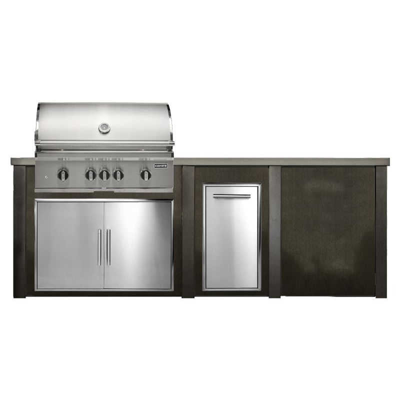 Haven 8 Ft. Outdoor Kitchen Island w/ Coyote SL-Series 36-Inch Grill, 36-Inch Double Door, & Trash Center - Antique Bronze