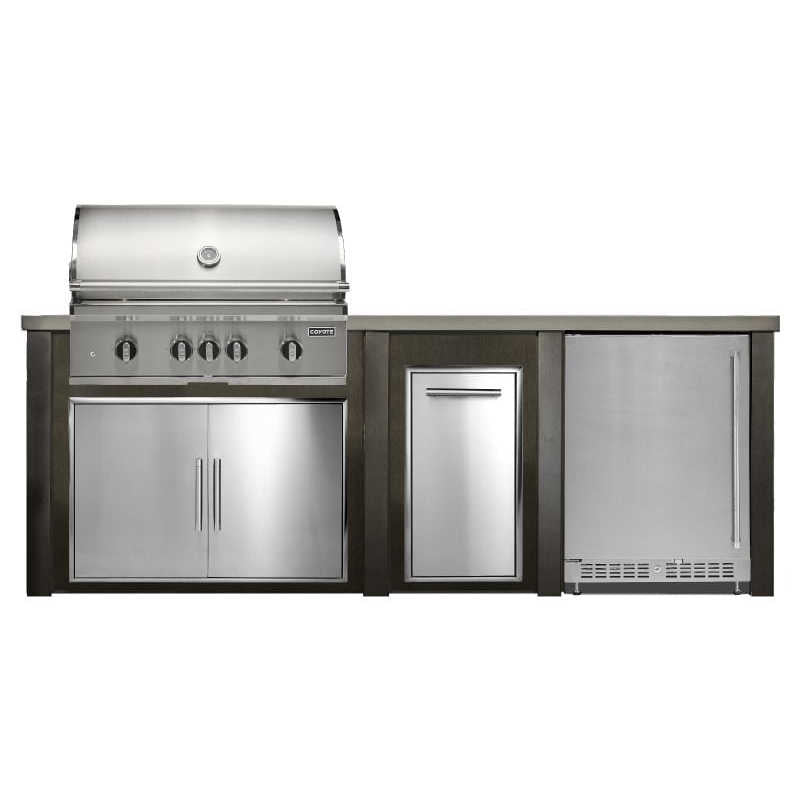 Haven 8 Ft. Outdoor Kitchen Island w/ Coyote SL-Series 36-Inch Grill, 36-Inch Double Door, Trash Center & 24-Inch Refrigerator - Antique Bronze
