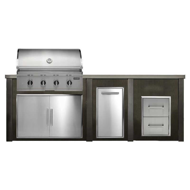 Haven 8 Ft. Outdoor Kitchen Island w/ CL Coyote 36-Inch Grill, 36-Inch Double Door, Trash Center & Double Drawer - Antique Bronze