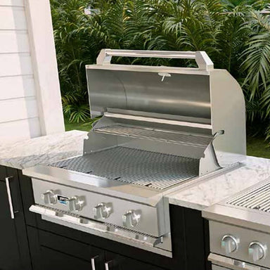 Jupiter outdoor kitchen island with built-in gas grill and stainless refrigeration