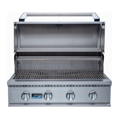 Jupiter Classic Series 32 inch grill hood open showing 8mm stainless cooking grates