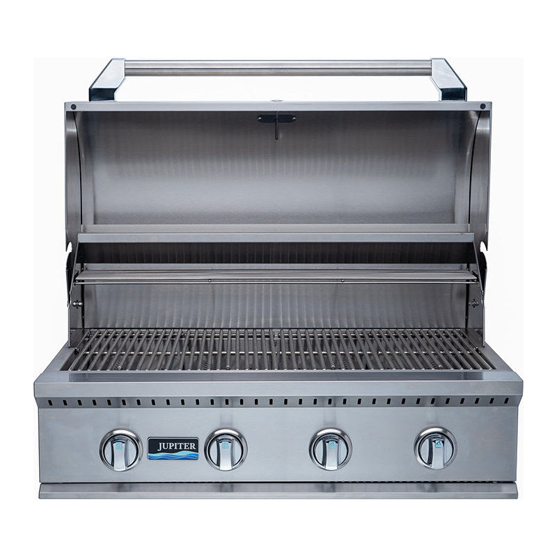 Jupiter Classic Series 32 inch grill hood open showing 8mm stainless cooking grates