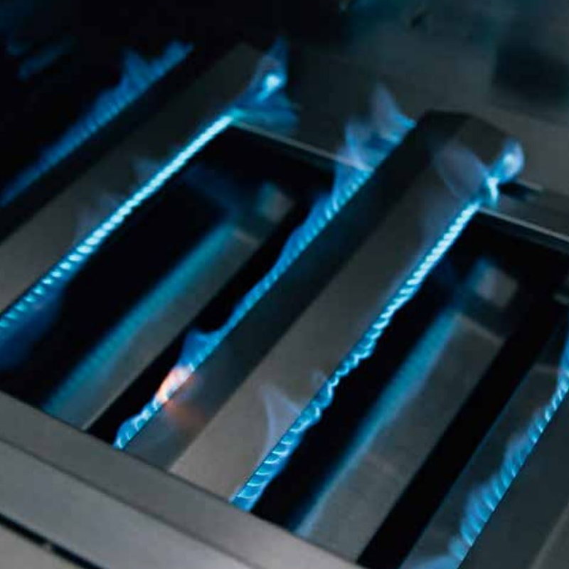 Jupiter Classic Series stainless steel burners lit with blue flame